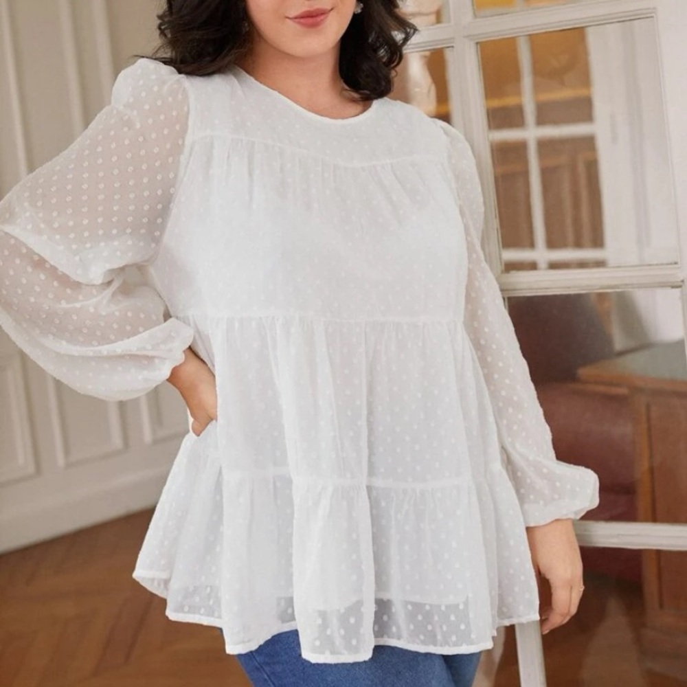 SHEIN Frenchy Plus Swiss Dot Lantern Sleeve Peplum Chiffon Blouse NWOT